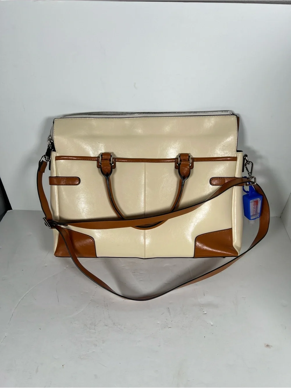 BOSTANTON Cream and Brown Two-Tone Leather Laptop Bag with Shoulder Strap
